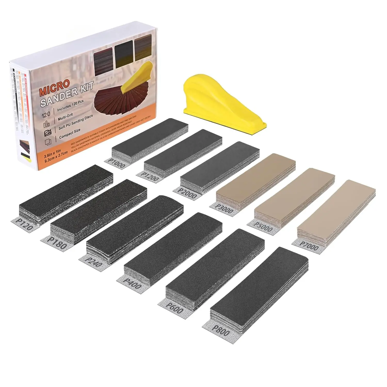 120-Piece Lightweight Micro Sander Kit with 12 Grit Levels Silicon Carbide Sandpaper, Ergonomic Grip Handle Detail & Mini Hand Sanding Block for Wood, Furniture, DIY Projects