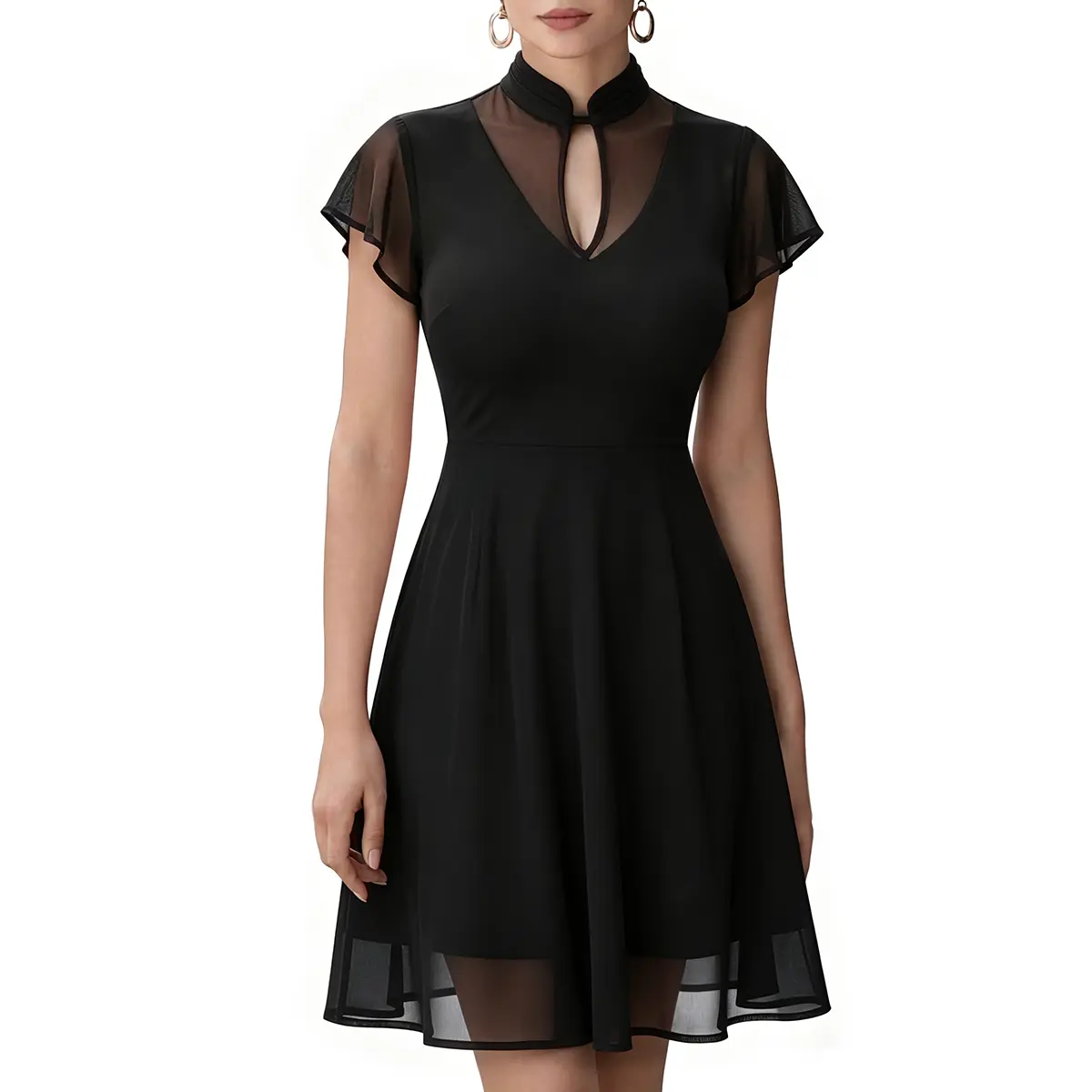 HYZ Women's Elegant Mock Neck Mesh Patchwork Dress Short Sleeve A-Line Mini Dress Fit and Flare Cocktail Party Dress