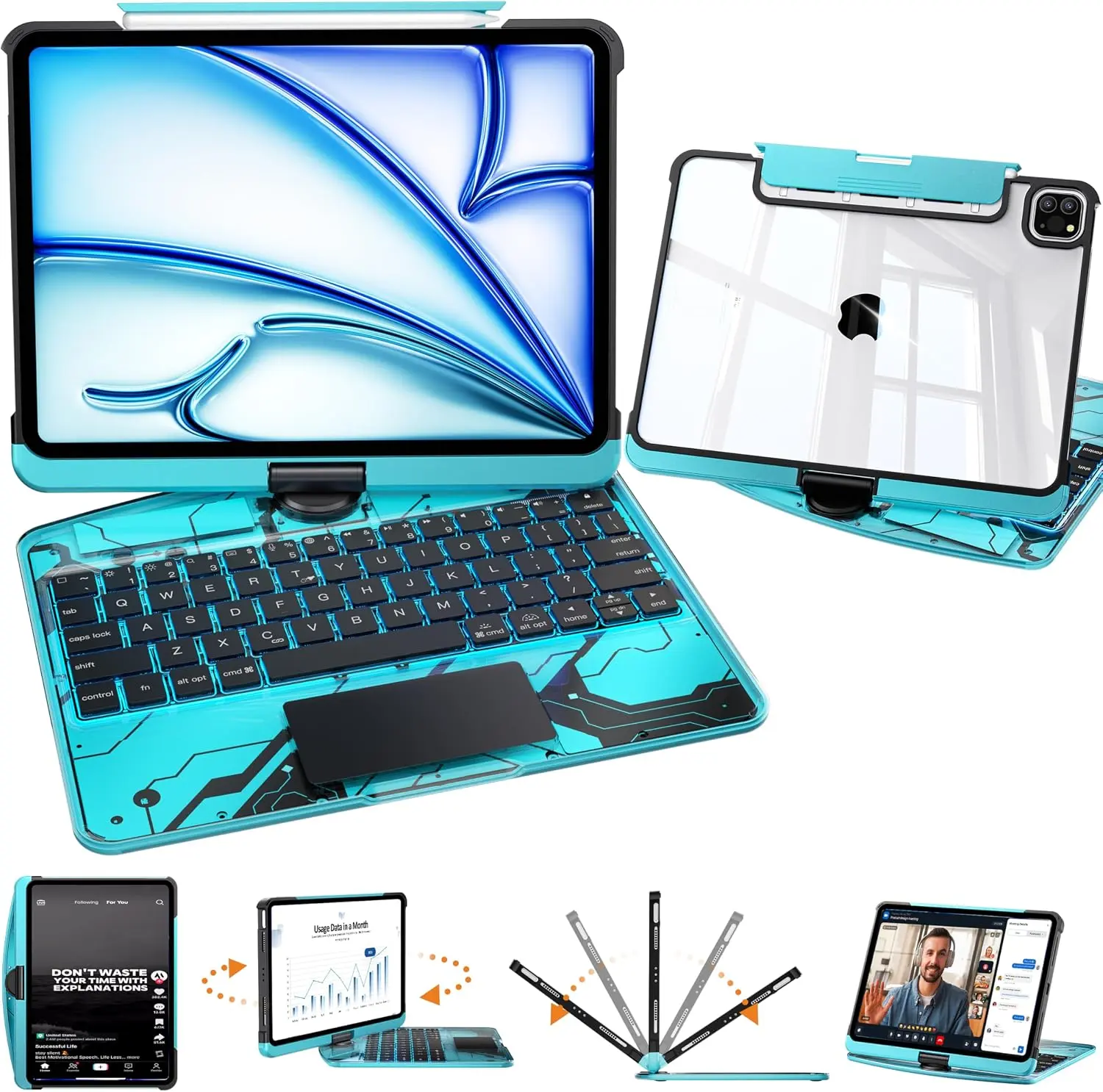 Y2K Dreamy Blue 360° Rotatable Keyboard iPadCase for Apple iPad (8.3'/10.2'/10.9'/11'/12.9'/13 inch )ipad 7-11th(A16)/ipad air(2022-2026) / ipad pro (2018-2025) and ipad mini, Transparent Back Cover, Responsive Touchpad&7-Color Backlit Keyboard