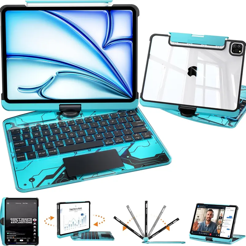 Y2K Dreamy Blue 360° Rotatable Keyboard Tablet Case with Responsive Touchpad, 7-Color Backlit Keyboard, Transparent Back Cover, Accessories for 8.3/10.2/10.9/11/12.9/13in iPad 7th-11th, Air(2022-2026), Pro(1st-4th Gen,2018-2022), Mini