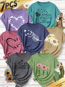 Women's 7-Piece Crew Neck T-Shirt Set, Floral Feather & Daisy Series Print, Multiple Colors Available, Machine Washable, Spring & Summer Top, Soft Skin-Friendly Fabric, Daily Versatile, Casual Fashion Design