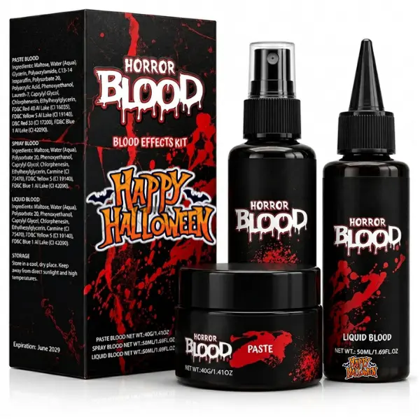 3Pcs Fake Blood Makeup Kit, Washable Liquid, Paste & Spray SFX Blood for Halloween Zombie, Vampire, Monster, Wound & Costume Makeup
