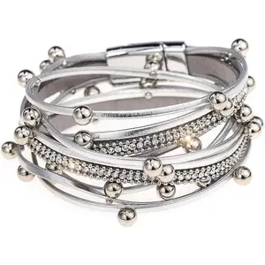 Women Multilayered Braided Leather Wrap Bracelet Wrist Cuff Bangle with Magnetic Buckle