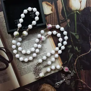 Christ Jesus Cross Rosary White Ceramic Acrylic Beads Strand Necklace For Men Women Pendant Religious Jewelry