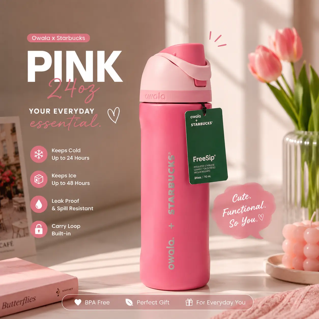 Owala Starbucks New Pink 24oz Travel Bottle – Stainless Steel FreeSip Bottle with Straw