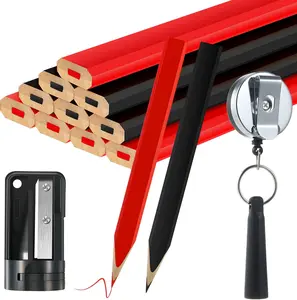 14 count Carpenter Pencils, 7 Inches Flat Octagonal Hard Black Woodworking Construction Pencils Heavy Duty with Pencil Sharpener and Retractable Pull Pen Holder for Contractor Carpentry(Black, Red)