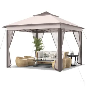 COSTWAY 11x11 Ft Pop up Gazebo, 2-Tier Patio Gazebo with Netting, Carry Bag, Easy Set up Outdoor Gazebo with 121 Square Feet of Shade for Backyard, Deck, Poolside