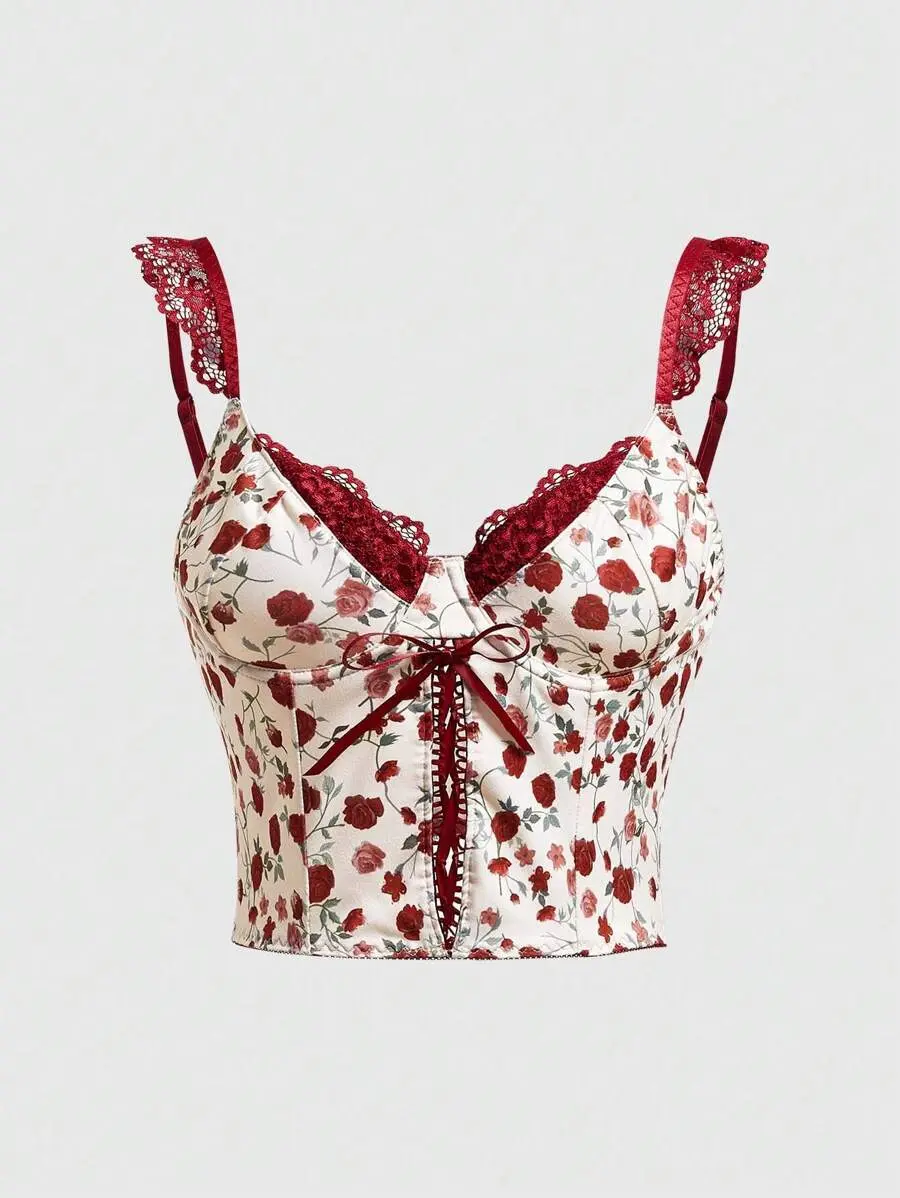 RES Sweetness Floral Printed Lace Spliced Cross Strapped Camisole Top