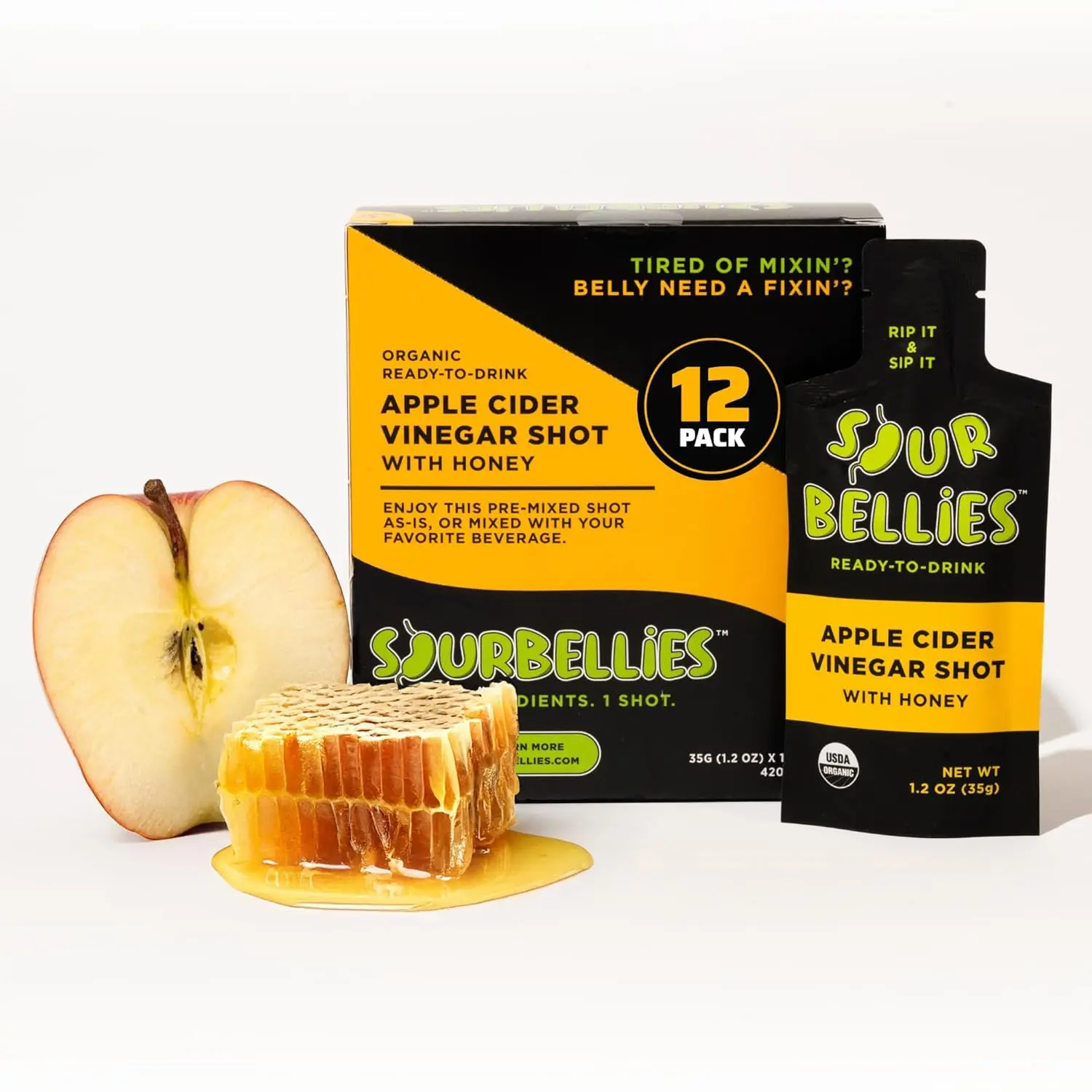 Sourbellies Apple Cider Vinegar Digestion Wellness Shot with Honey, Organic ACV Shot for Digestion & Bloating Support, Ready-to-Drink, On-The-Go Wellness, Gut Health, 1 oz (Pack of 12)