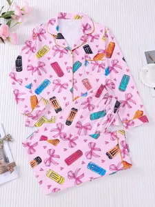 2 PCS Set Women's Heart Bow and Can Print Long Sleeve Top with Pockets and Pants Set, Casual Loose Fit, All Seasons, Comfortable Soft Skin-Friendly Elastic Waist Pajama Loungewear