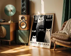 [SALE UP TO 50% + FREE SHIP] Yayoi Kusama Black Cat Art Print Retro Japanese Exhibition Poster Minimalist Pop Art Wall Art Black White Cat Lover Gift Modern