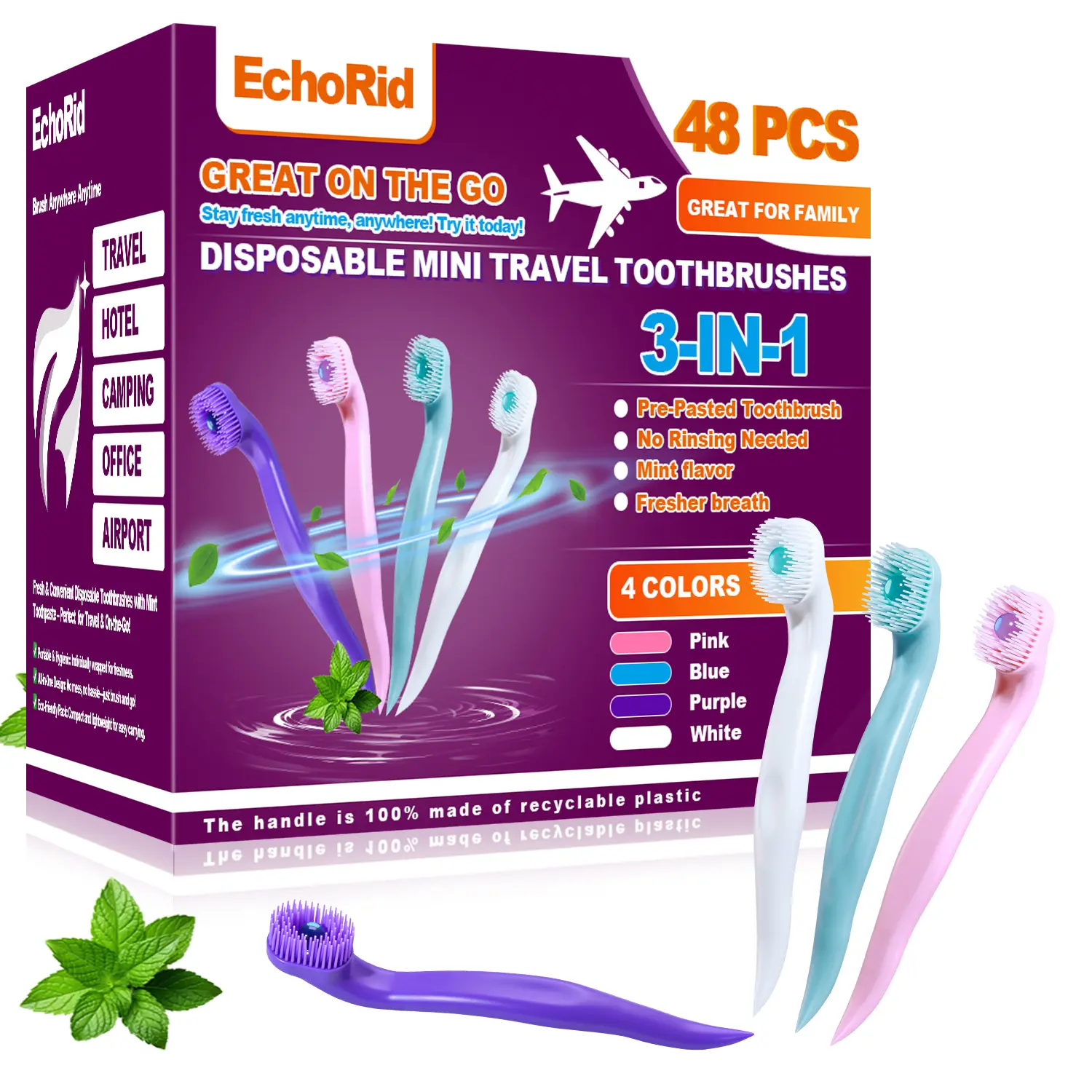 48 Count Disposable Travel Toothbrushes – 3-in-1 Mini Toothbrushes with Freshening Bead, No Water Needed, Individually Wrapped