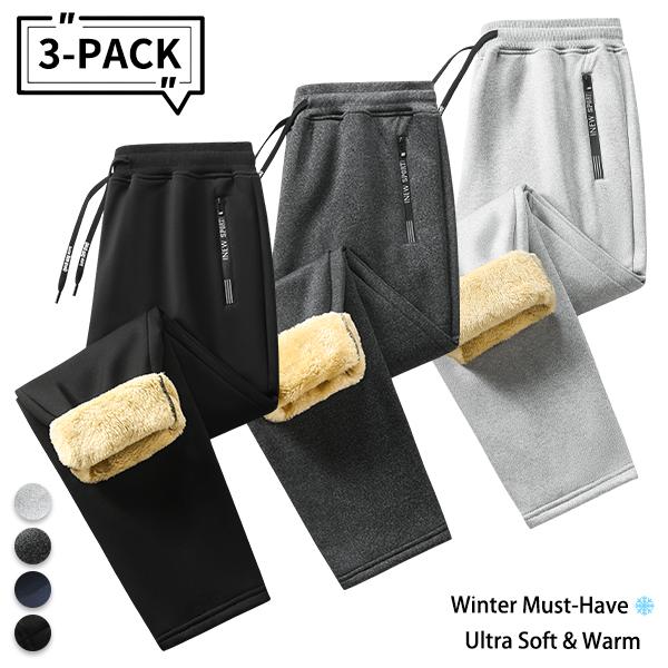 Men’s three-piece set of fleece-lined sweatpants, thick and warm winter jogging pants with zippered pockets and drawstring, casual athletic pants