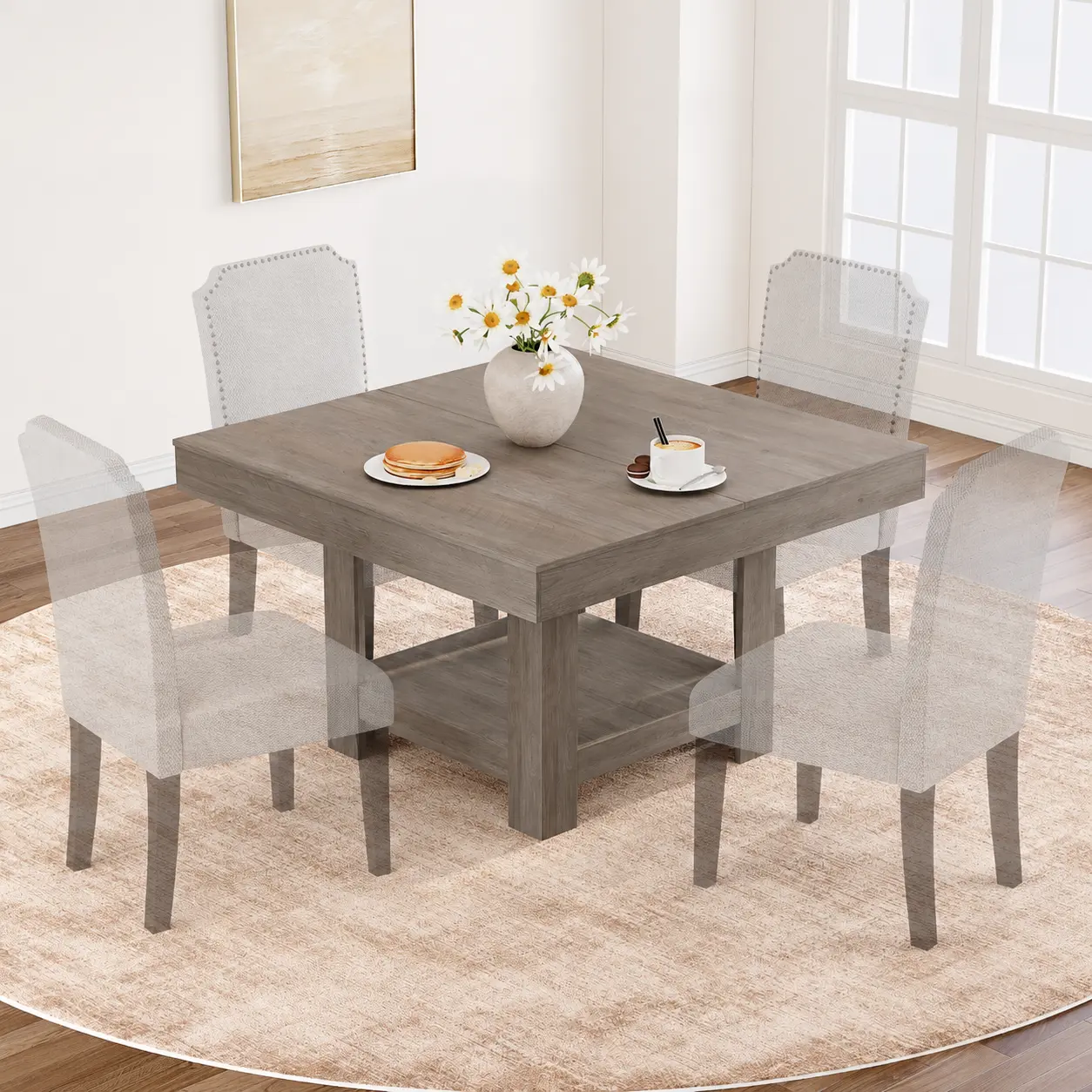 Gaomon Grey Square Dining Table (Square Shape), Heavy-Duty Indoor Furniture for 4-6 People, 350lbs Weight Capacity Waterproof Wooden Table, 2 Storage Tiers, Sturdy Triangle Legs (Chairs Not Included)