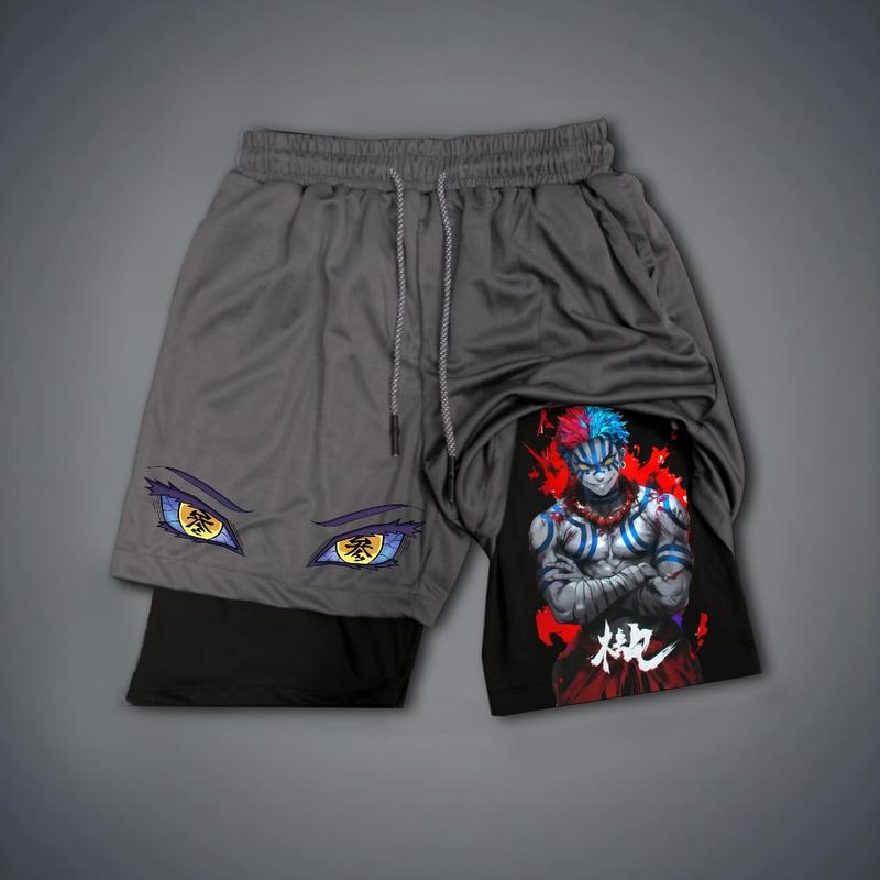 Demon Slayer Akaza  Upper Moon Three Anime 80s 90s Double-Layer Sports Shorts Graphic Shorts Black Camo Streetwear Shorts Men Outfits Men Vacation Outfits Shorts
