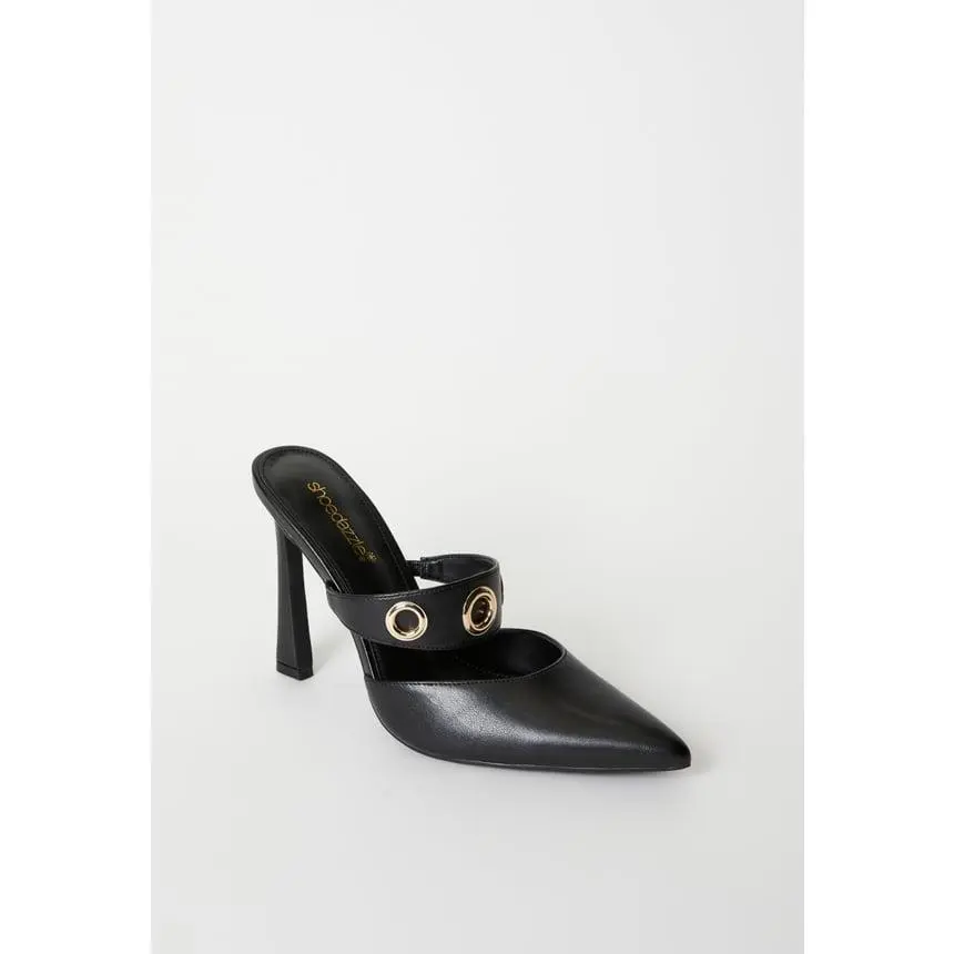 Pointed Toe Heeled Mules for Women, Faux Leather Slip On 4.25" Stiletto Heels with Gold Grommet Accents, Comfortable Party & Evening Shoes, Heels For Women, Comfortable Heels