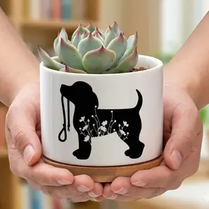Floral Dog Silhouette Ceramic Succulent Planter with Bamboo Tray - Aesthetic Puppy White Mini Pot - Dog Lover Decorative Flower Pot for Shelf, Tabletop & Windowsill