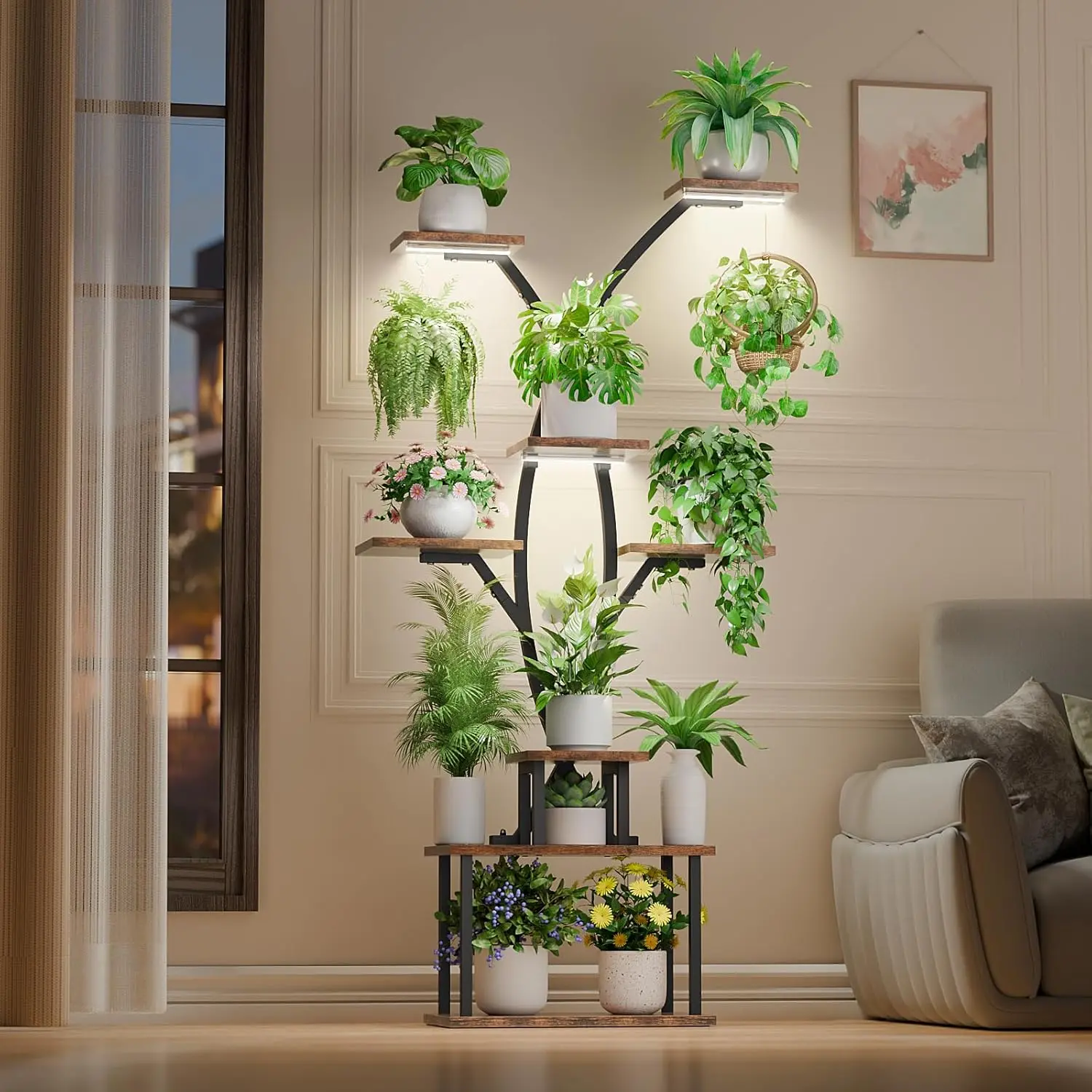 POZILAN Plant Stand Indoor with Grow Lights, Metal Corner Plant Shelf Display Rack for Indoor Plants, Large Flower Holder Stand for Living room, Patio, Bedroom Home Decorative