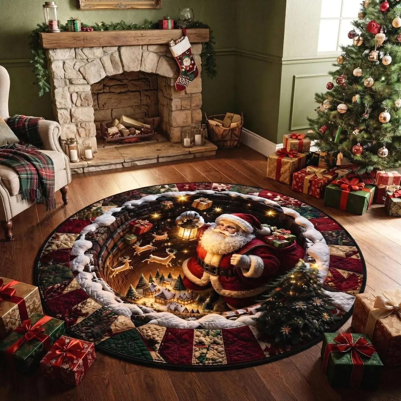 Magical Santa Claus 3D Rug, Christmas Village Reindeer & Glowing Gifts Optical Illusion Carpet, Festive Floor Decor, Christmas Gift