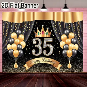 2D flat banner, 1pc35th Birthday Celebration Decorations Set with Elegant Gold and Black Theme, Featuring Sparkling Golden Rhinestone Number '35', Opulent Crown and Colorful Gemstones, Luxurious Black and Gold Confetti Background, Perfect for Adult