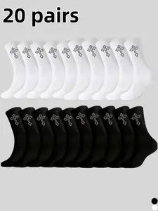 20 pairs of unisex couple mid-calf socks for all seasons, breathable, sweat-absorbent, odor-resistant, comfortable and durable, with a cross pattern, simple, fashionable, and versatile. Suitable for daily casual wear, sports, vacations, commuting, and wea