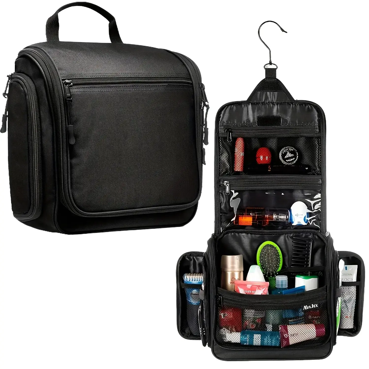 Gift Hanging Large Travel Toiletry Bag for Men and Women - Black with Metal Rotating Hook, 19 Compartments for Hygiene Products, Cosmetics, Makeup, Travel Organizer | Durable Zipper