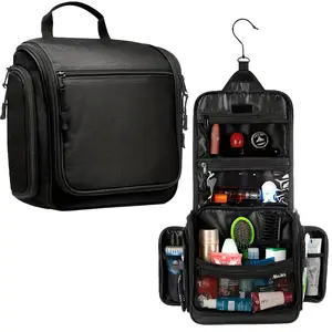 Gift Hanging Large Travel Toiletry Bag for Men and Women - Black with Metal Rotating Hook, 19 Compartments for Hygiene Products, Cosmetics, Makeup, Travel Organizer | Durable Zipper