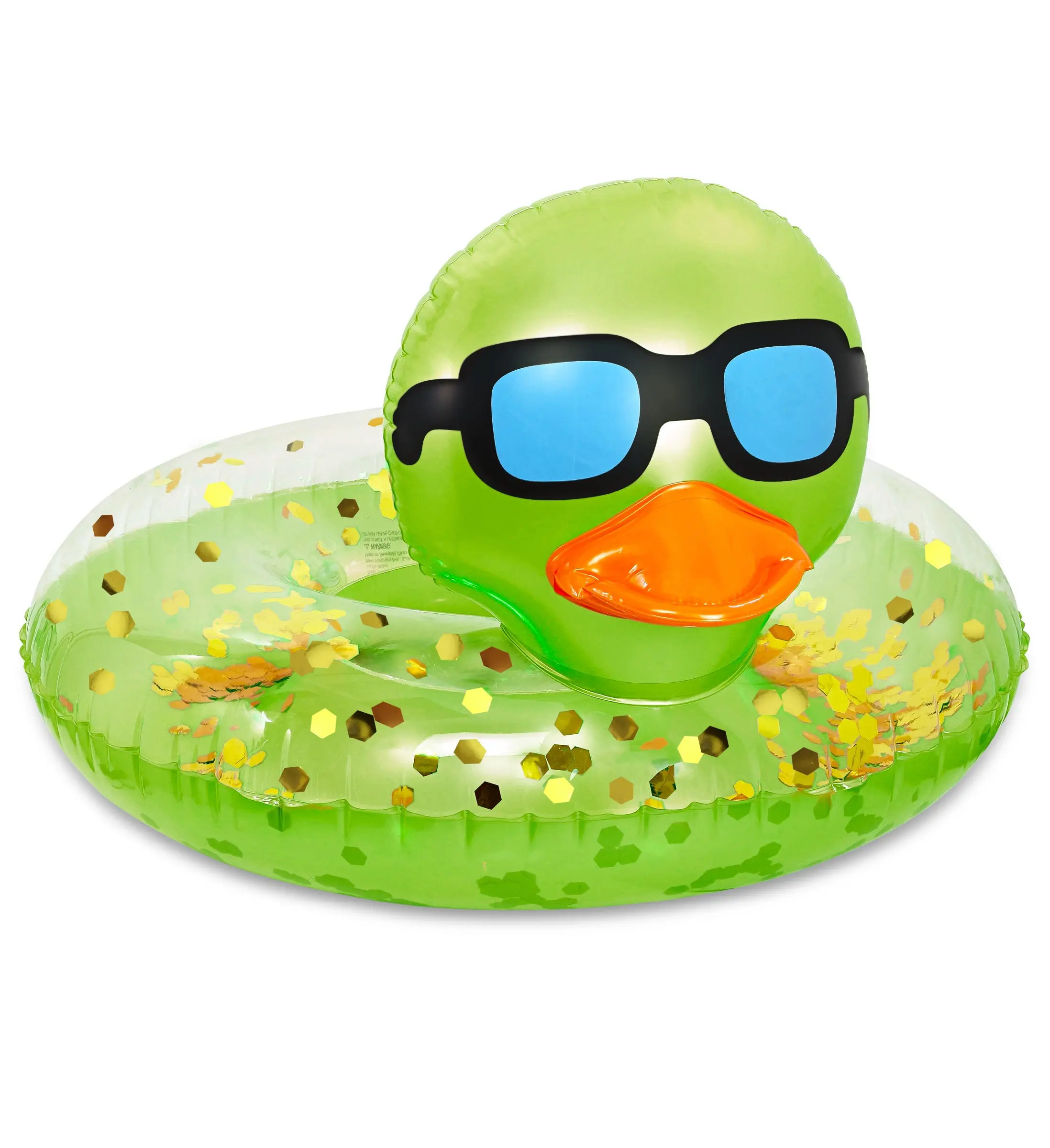 DolliBu 36in Animal Theme Duck Pool Float Tube - UV-Resistant PVC Vinyl, Unisex Green Gold Confetti Inflatable Duck with Orange Beak, Black Sunglasses, Tear-Resistant Swim Ring, Age 4+, Includes Repair Patch for Lake, Beach, Kids and Adults
