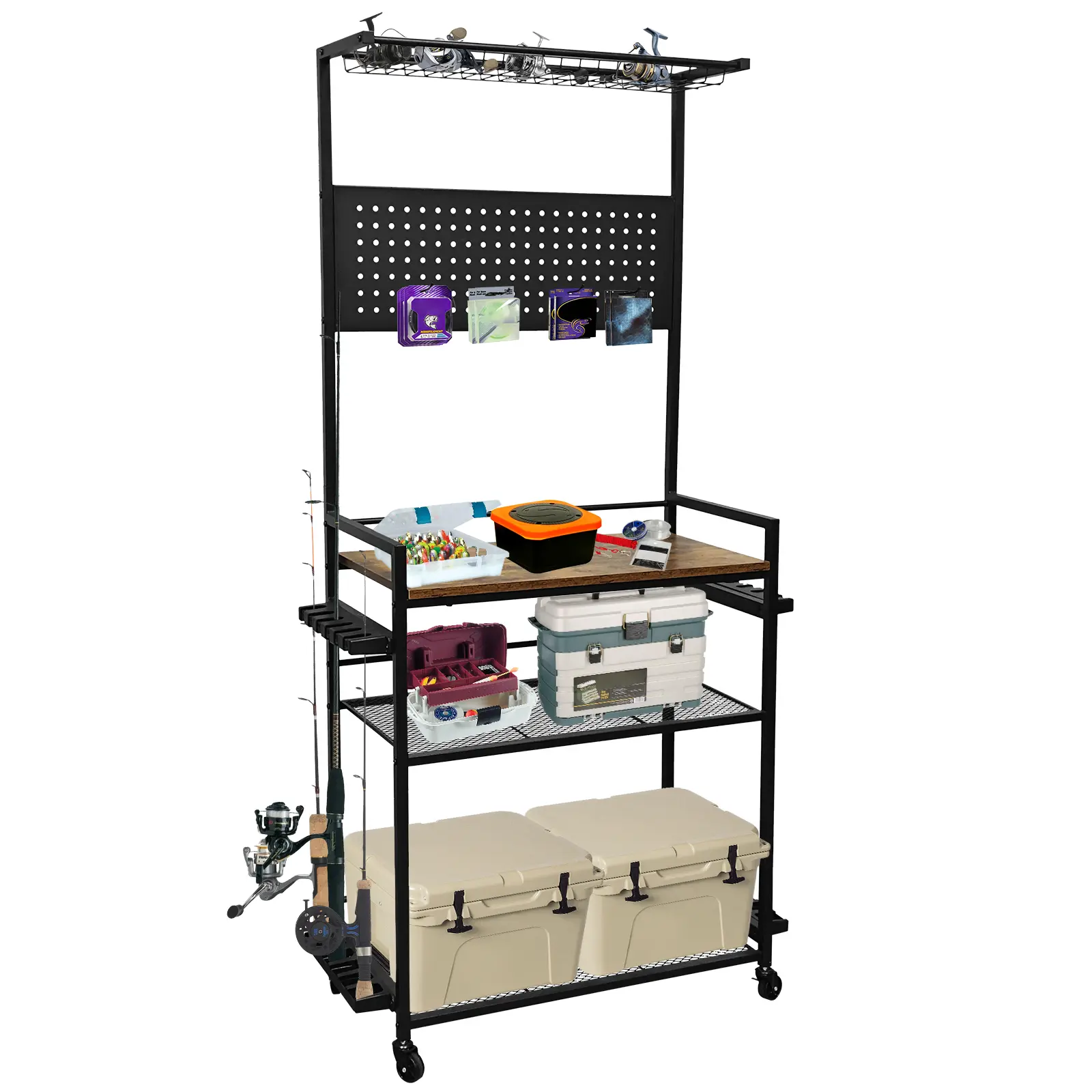 Metal 3-Tier Fishing Rod Holder - Holds Up to 12 Rods - Heavy Duty Mobile Storage Rack with Pegboard, Wheels, and Organizer for Fishing Gear and Equipment