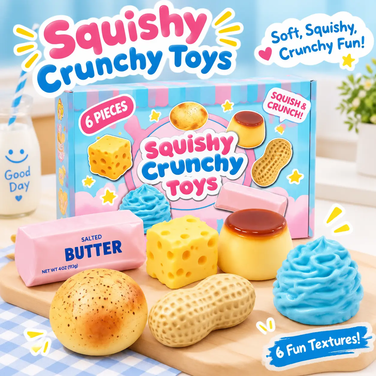 6‑Piece Boxed Food‑Shaped ASMR Sound Fidget Set, SCrunchy Stress Relief Sensory Decompression Tools, Whimsical Gifts, Toys for Grown Ups, Sensory Room Squishy upplies