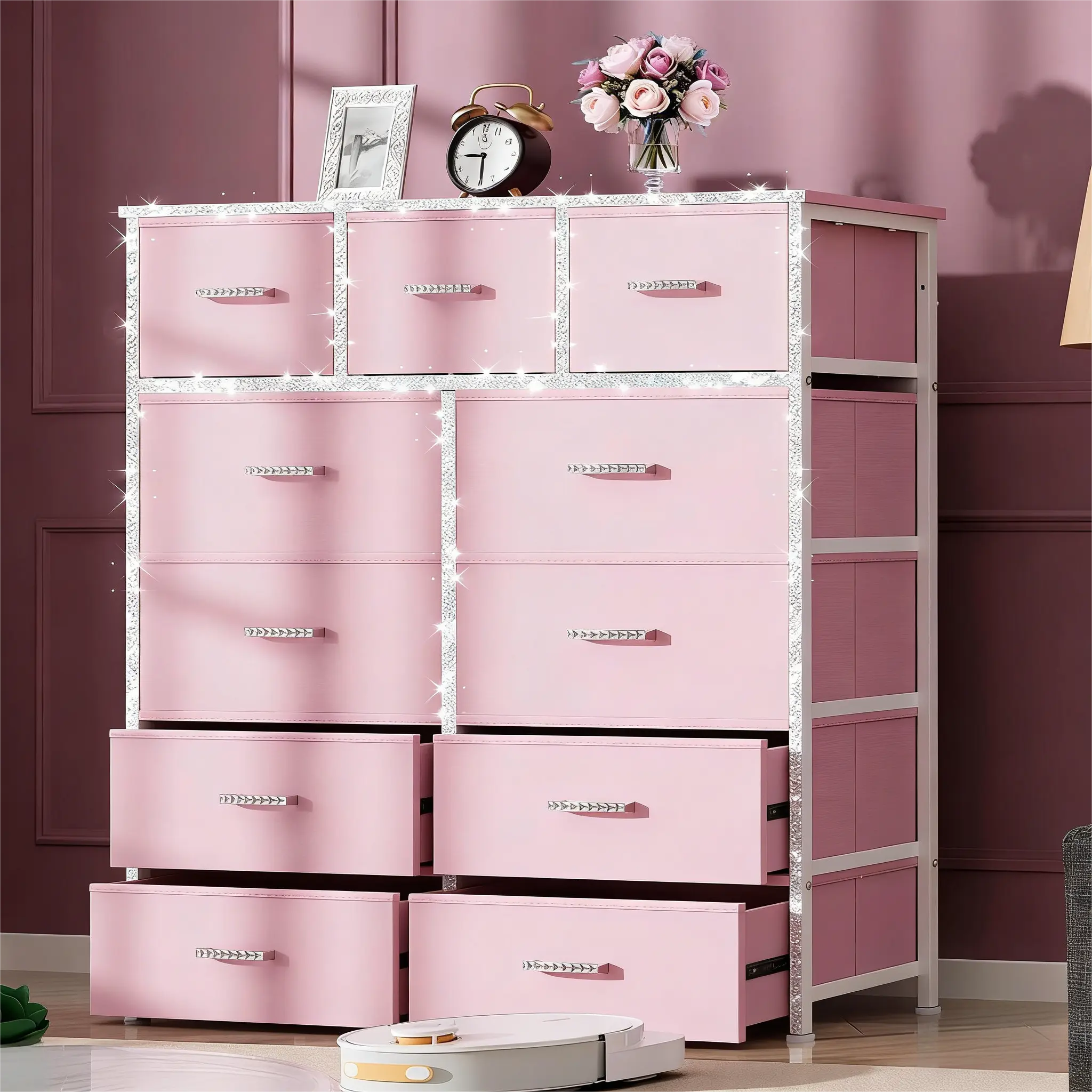 11 Pink Drawers (diamond Strips+Crystal Handles)