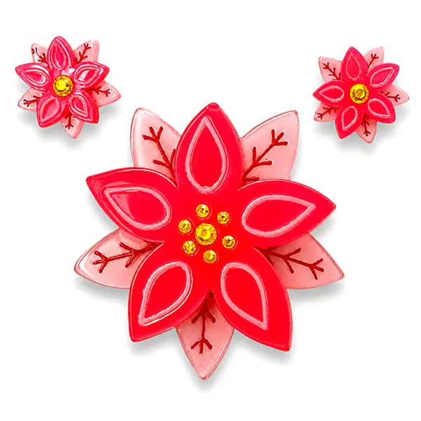 Lipstick & Chrome Original Design Pretty Poinsettia Brooch & Earring Matching Set, Christmas Sweater Outfits Clip-On Accessory