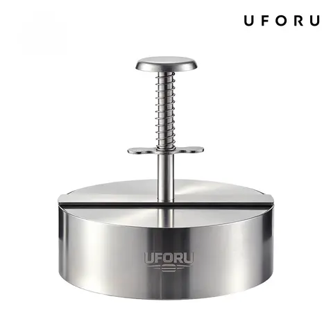 UFORU Reusable 304 Stainless Steel Metal Burger Press - Round Meat Mold with Spring Press Handle, Durable Backyard BBQ Food Prep Utensil, Home Kitchen Accessory