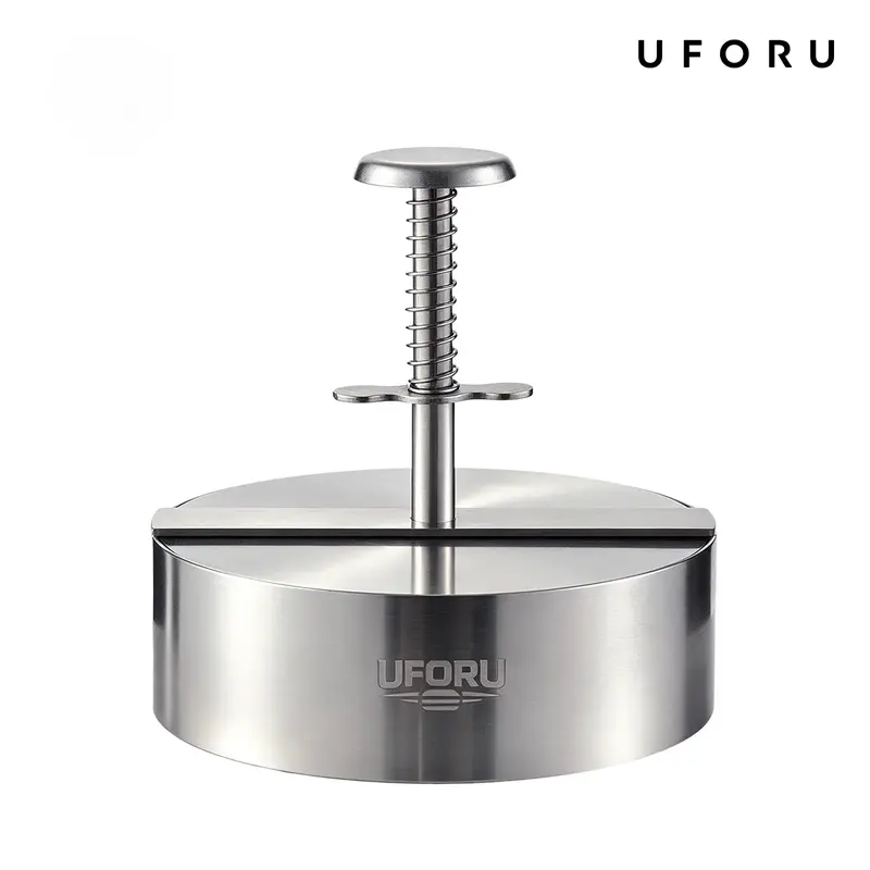 UFORU Reusable 304 Stainless Steel Metal Burger Press - Round Meat Mold with Spring Press Handle, Durable Backyard BBQ Food Prep Utensil, Home Kitchen Accessory