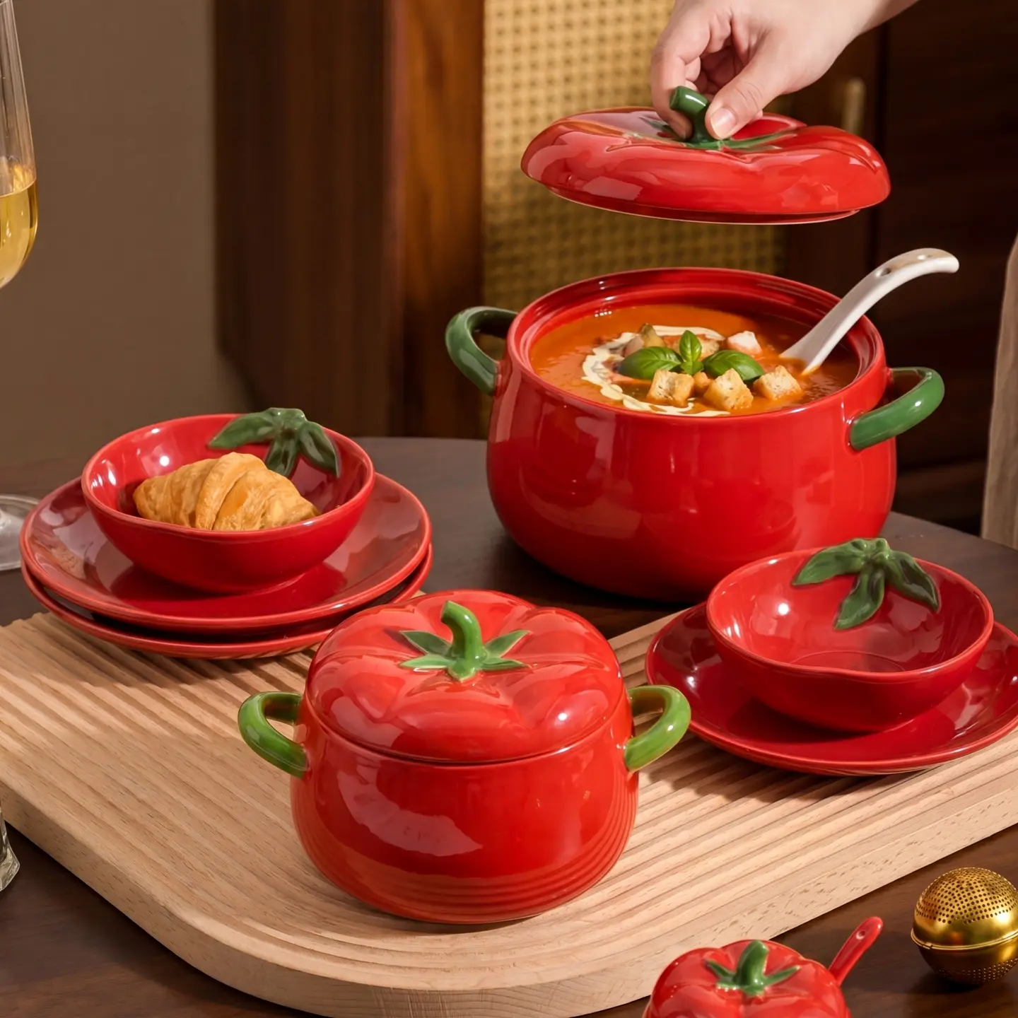 HongDian Red Tomato Tableware Series,Optional Lidded Soup Pot,Bowl,4.5 in Seasoning Jar,8/9 in 900/1650ml 30/56 oz,Premium Ceramic,SGS Tested Underglaze Fade Resistant,Microwave Dishwasher Oven Sterilizer Safe,Home Kitchen Gift Party All Ages