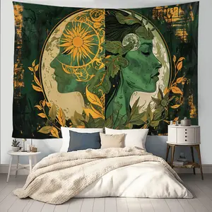 Sun and Moon Goddess Mandala Tapestry - Bohemian Style Decor, Mysterious Tattoo-Inspired Home Decoration, Polyester Material D