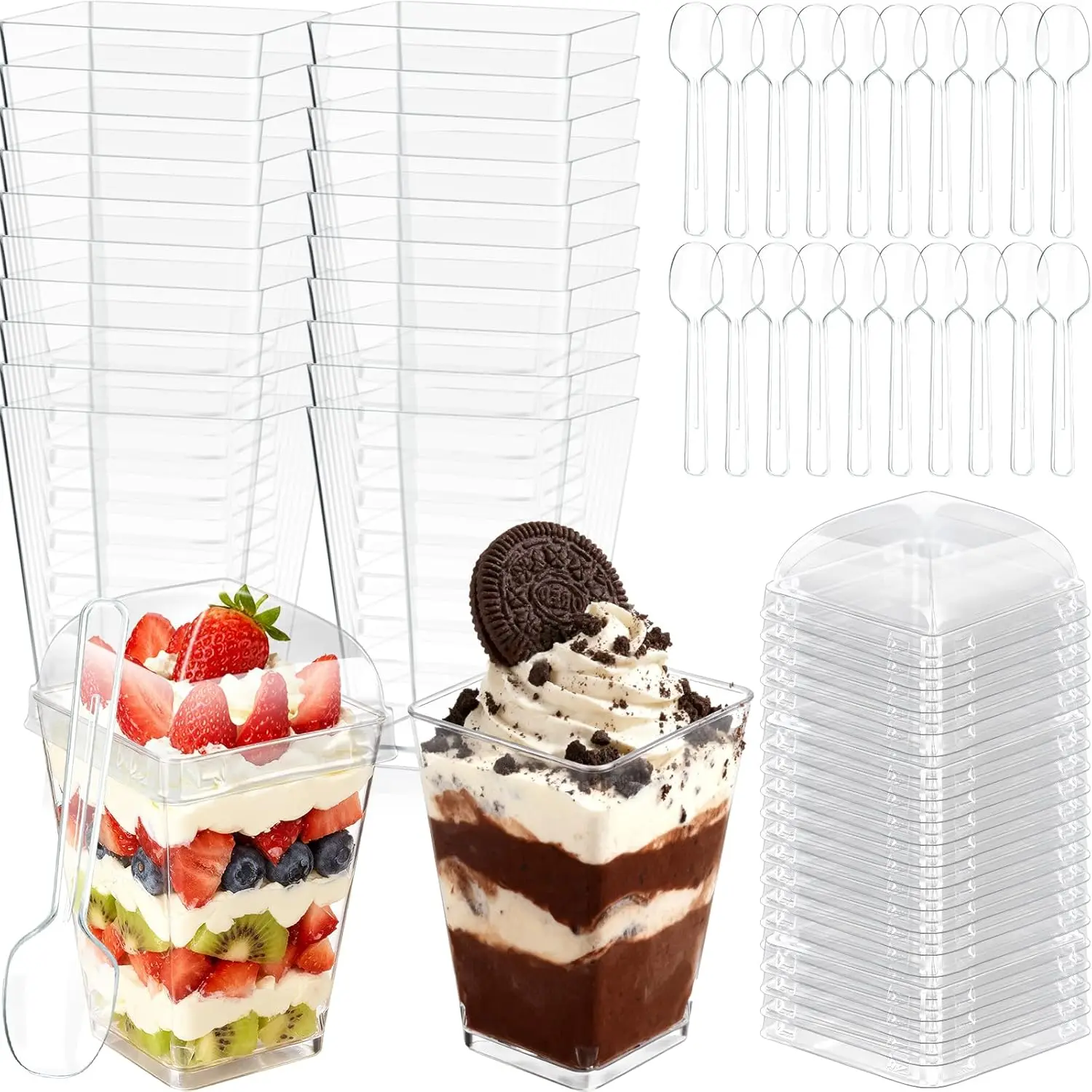 Disposable 5oz Clear Plastic Dessert Cups with Lids and Spoons, 20 Pieces Square Mini Shooter Cups for Party Yogurt Parfait Fruit Pudding Trifle Ice Cream Appetizers