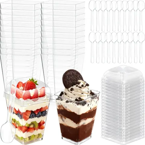 20 Pieces Non-Toxic Solid 5oz Square Disposable Plastic Mini Shooter Cups with Lids and Spoons - Wedding, Party Ready for Yogurt Parfait, Fruit Pudding, Ice Cream Mini Bites (Home & Festive Disposable Tableware)