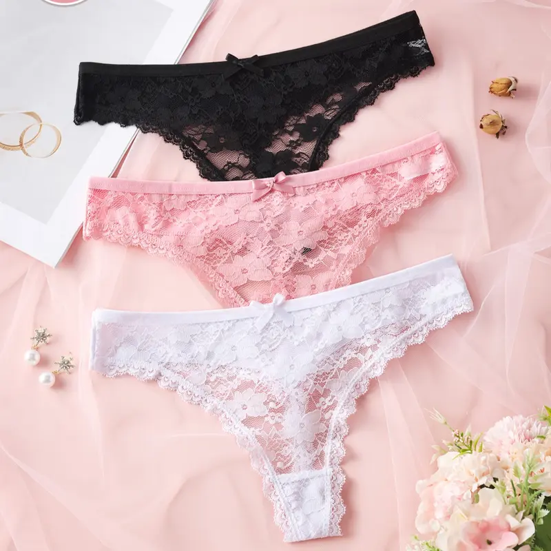 HOTCOM Elegant Lace Trim Panty Set, 3-Pack Women's Romantic Lace Thongs, Floral Pattern, Bow Decoration, Romantic Night, Sexy and Alluring, Multi-Color, Sizes S-Xl,Spring Refreshing Update
