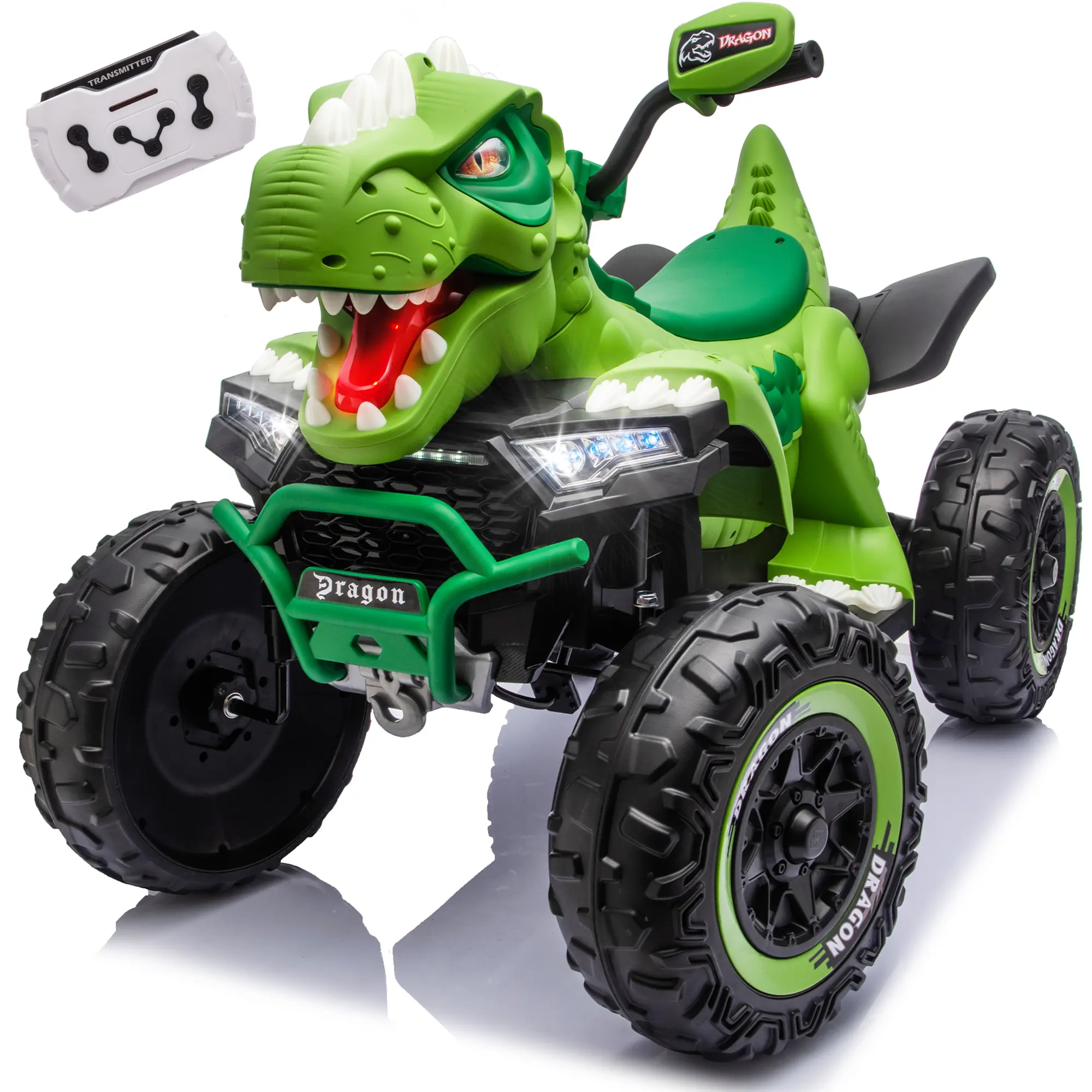Summerwins Unisex 12V/24V Dinosaur Ride-On Electric ATV Remote Control Kart for 3-8 Years Kids, 2-Seater PP Plastic Battery-Powered Car with 4-Wheel Suspension, LED Lights, Bluetooth Audio, 3 Adjustable Speeds, ASTM Certified ATV Riding Gift