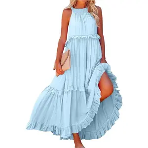 Tiered Halter Maxi Dresses for Women 2025 Elegant Pleated Long Flowy Dress Swing Sleeveless Ruffle Hem Beach Sundress