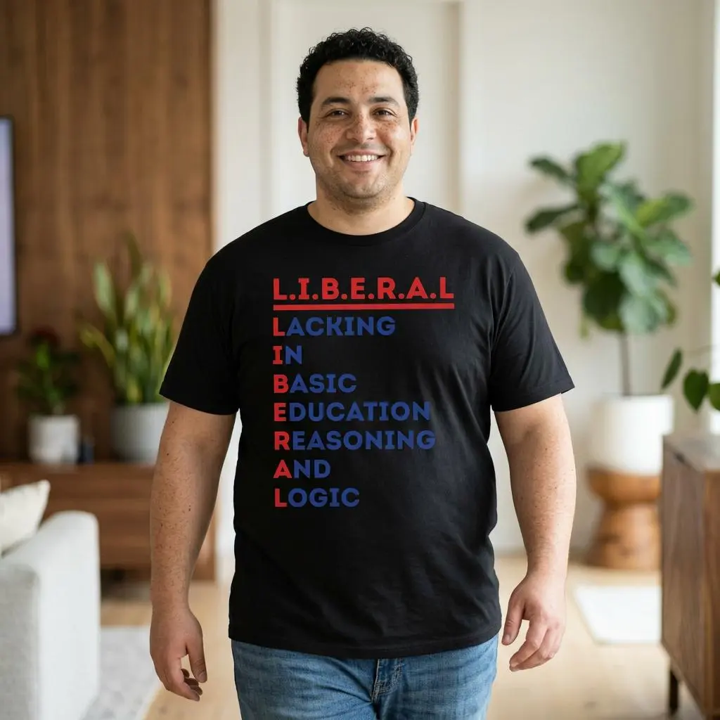 Men's L.I.B.E.R.A.L. Acrostic Graphic Print Cotton Short-Sleeve T-Shirt, Political Satire Casual Streetwear Round Neck Menswear Top Tshirt