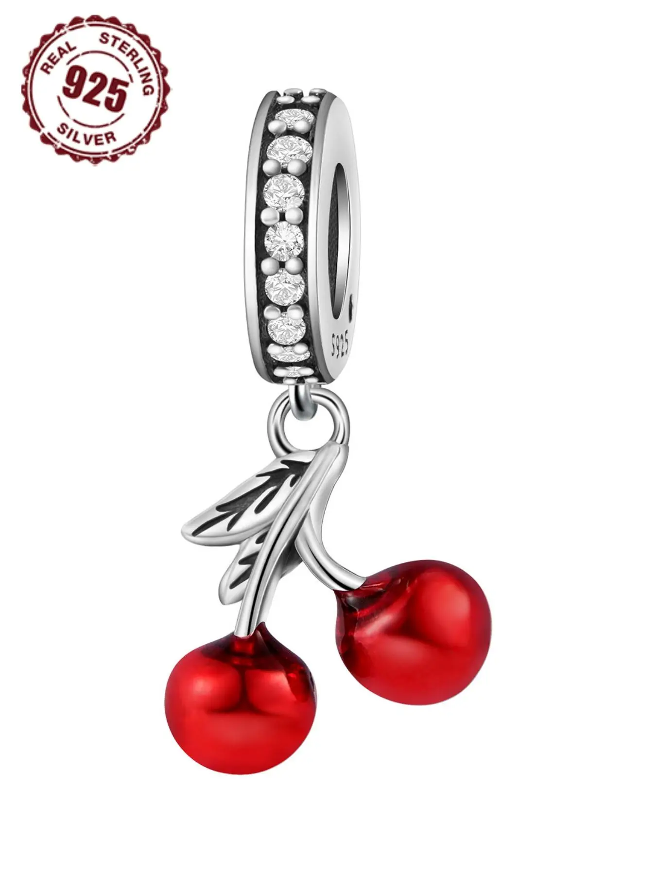 S925 Sterling Silver Cute Cherry Design Pendant, Rhinestone Decor Fashionable Jewelry Accessories for Women & Girls, Diy Bracelet & Necklace Accessori