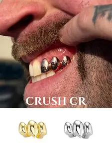 CRUSH CR 18K Gold Plated Solid 3-Teeth Grillz for Women Men, Polished High-Shine Finish, Hypoallergenic Removable Perfect for Hip Hop Concerts, Streetwear Fits, Club Nights Urban Street Style, Durable Tarnish-Resistant Plating, Ideal Bling Dental Jewelry