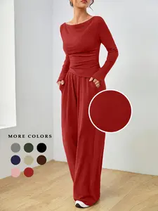 Women's Solid Ruched Asymmetrical Hem Tee & Pants Matching Sets, Co Ords for Women, Casual Boat Neck Long Sleeve Top & Trousers, Women's 2 Piece Sets, Women's Spring & Fall Clothes