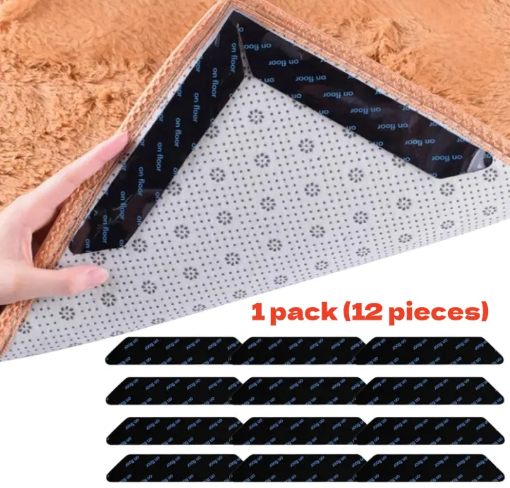 12-Piece Reusable Self-Adhesive Invisible Trapezium Mat Stickers, Non-Slip Rug Gripper Pads - Home Carpet Stabilizer with Floor Protection, Prevents Curling, Indoor Home Improvement Accessory