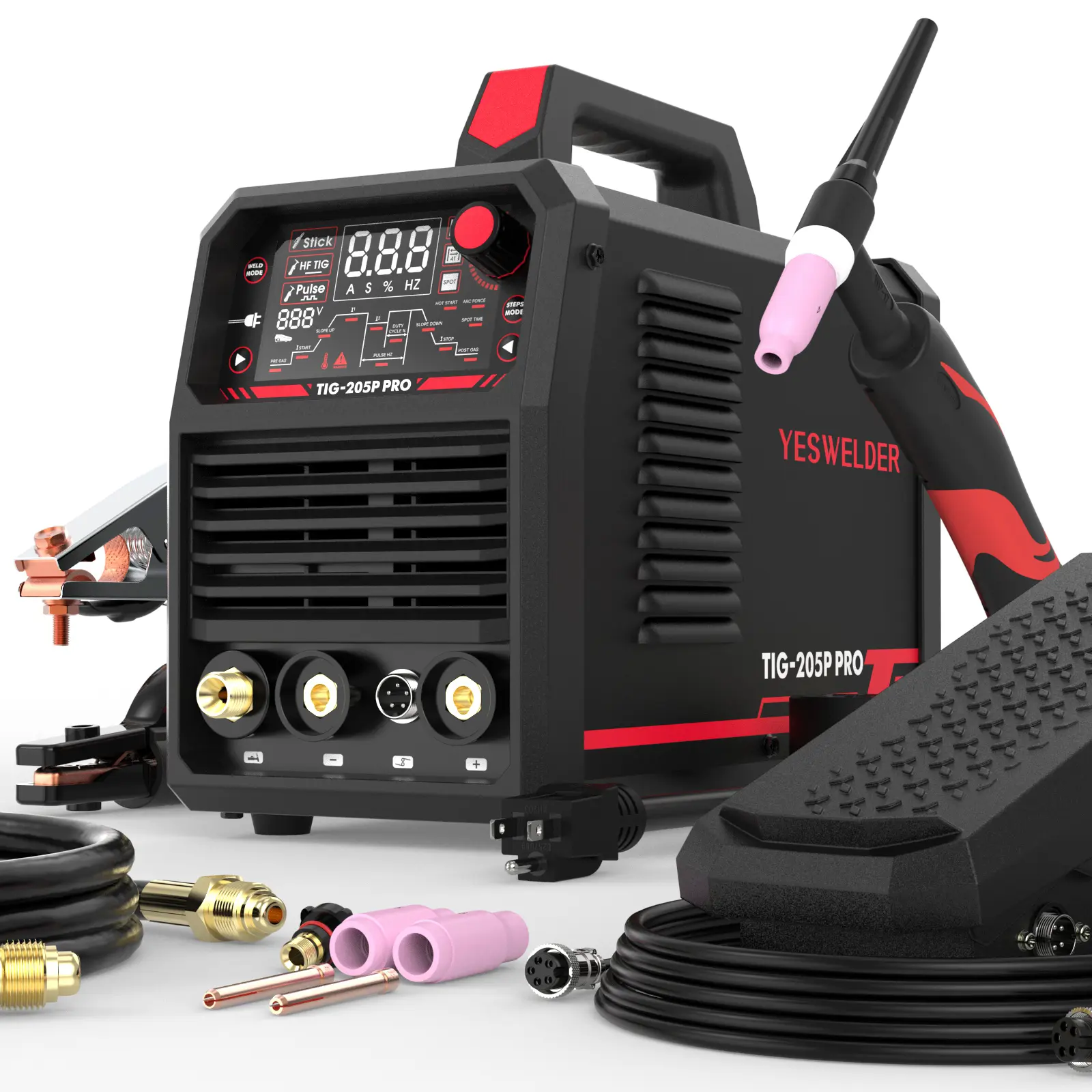 YESWELDER TIG-205P-PRO& FOOT PEDAL 205Amp DC TIG Welder with Pulse | 3-in-1 Stick/HF TIG/Pulsed TIG | HF Start 110V/220V Digital IGBT Inverter Welding Machine
