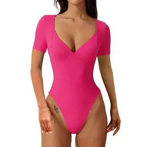 Women's Short Sleeve Bodysuit V Neck Body Suits Seamed Cup Going Out Tops Shirt Fit Breathable