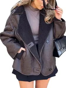 Women's Fall Winter Fleece Lined Jacket Coat Long Sleeves, Casual Loose Fit Lapel Outerwear, Fashionable Full-Zip Pockets Asymmetrical Design Womenswear Lady Everyday