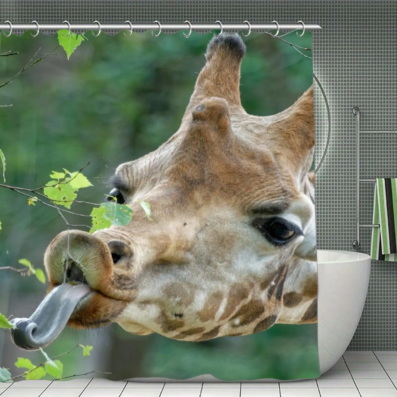 Realistic Giraffe With Long Tongue Wildlife Nature Shower Curtain, Plastic-Steel Hanging Bathroom Decor for Room